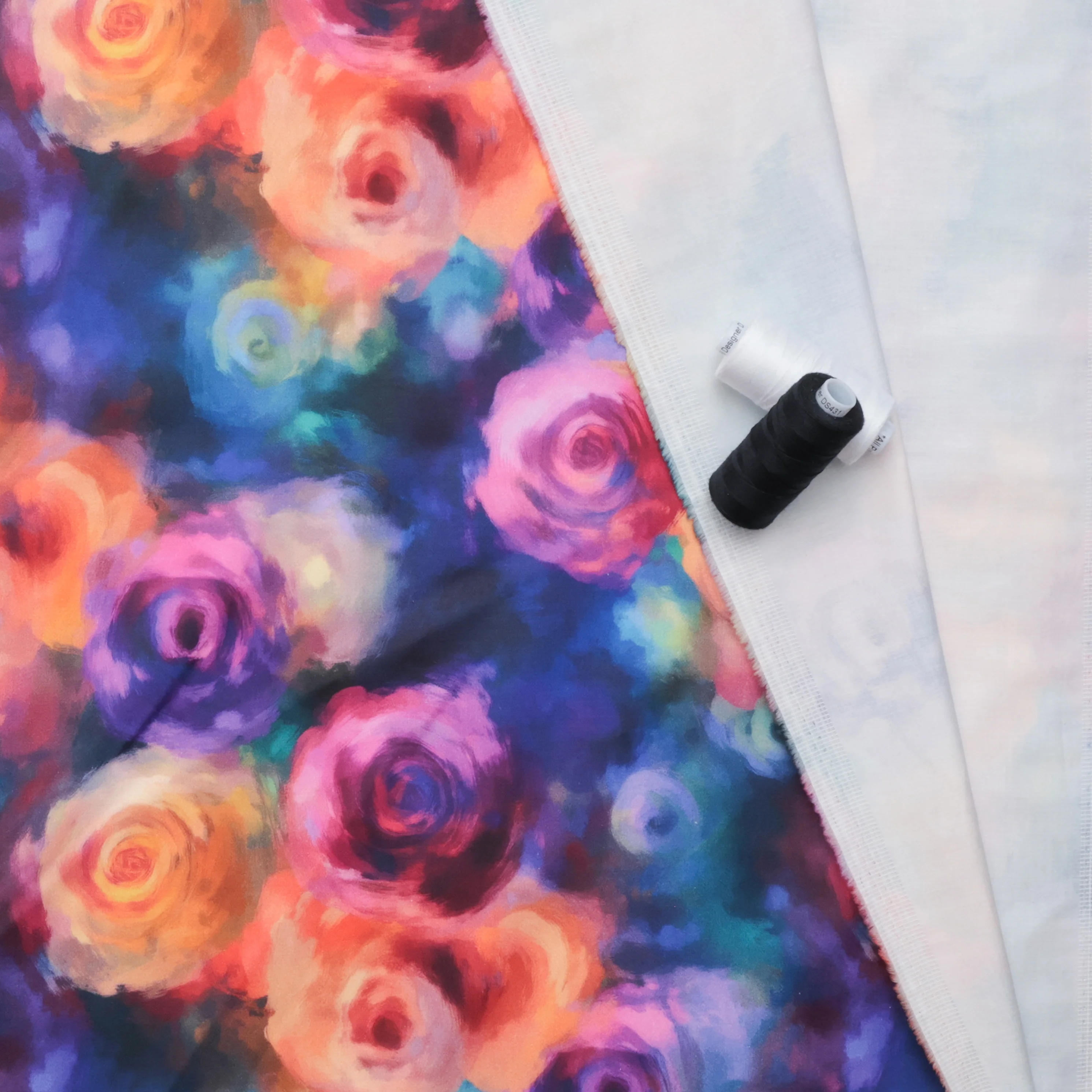 Cotton - Stretch Sateen - Digital Print - Rose Swirls - Coral Purple - Image 3